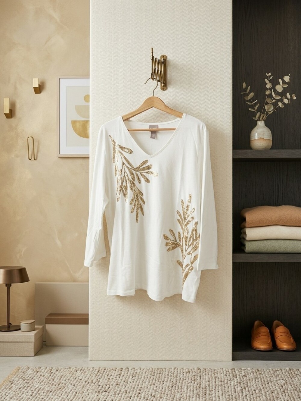 Chico's White V-Neck Tunic with Gold Leaf Sequin Motif